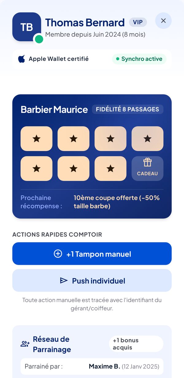 Fiche client Thomas Bernard : carte Wallet, actions rapides, réseau de parrainage