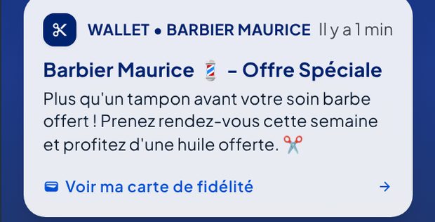 Notification Wallet : plus qu'un tampon avant votre soin barbe offert