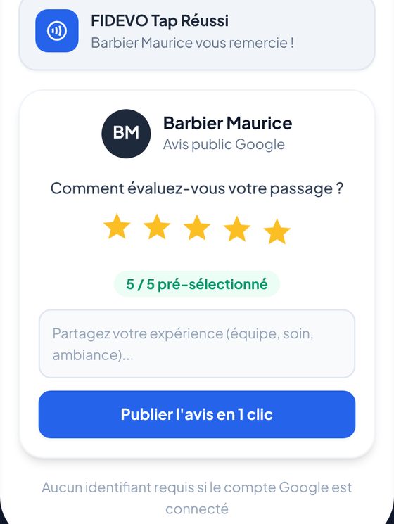 Vue client après le tap NFC : FIDEVO Tap réussi, avis public Google, 5 étoiles